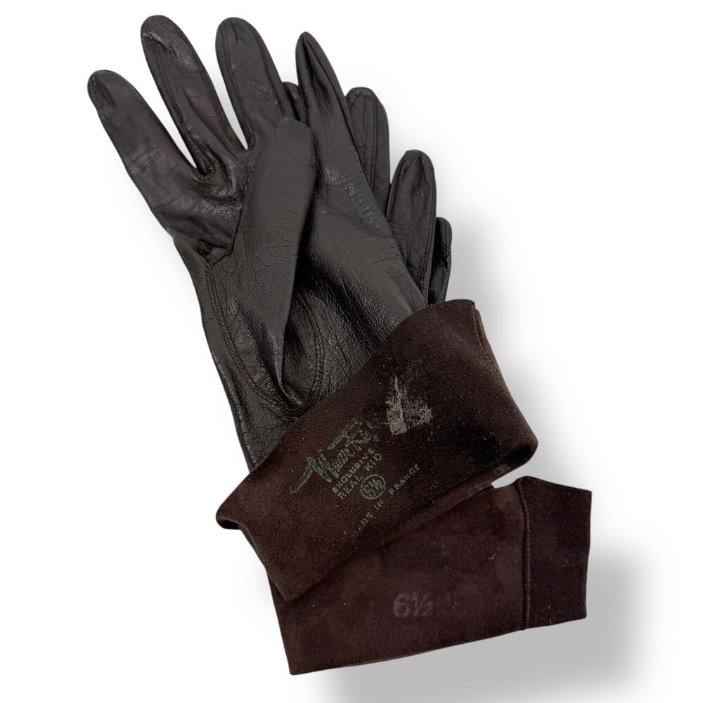 ❌SOLD❌1950's French designer black brown kid goat skin leather long gloves - Picture 9 of 14